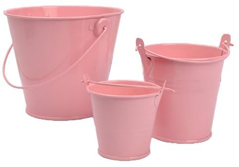 3 Pack Galvanized Buckets, Metal Bucket with Handle, Small Pail Tin Bucket for Party Favors, Farmhouse Flower Bucket, Garden Planters Decorative, Table Centerpieces, Party Supplies, 3 Sizes, Pink