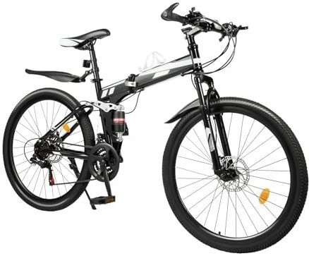 TESUGN 26 Zoll Mountainbike 21 Gang Stahlrahmen mit Scheibenbremsen Schutzbleche Federgabel Trekkingrad MTB Herren Damen Jugendliche, Schwarz
