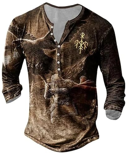oneforus Vintage T-Shirt Homme Odin Vikings Graphique T-Shirts Imprimé en 3D Manches Longues Tees Chemise Henley Bouton Col en V Oversized Vêtements pour Hommes Tops
