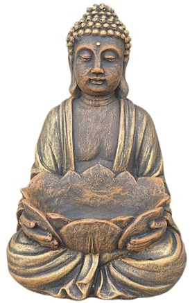 gartendekoparadies.de Buddha mit Lotusblüten Schale, Steinfigur, H. 30 cm, 6 kg, frostsicher aus Steinguss für Außenbereich (Gold)