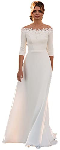 WZEFEIO Vintage Satin Brautkleid mit Reißverschluss Hinten, Weiß, 3/4 Ärmel, Schulterfrei, 20 Large Sizes