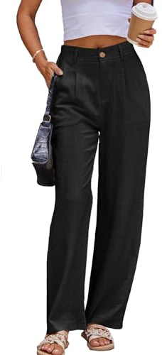 Fakanhui Pantalones de lino elegantes de trabajo casuales para mujer de verano de negocios rectos de pierna ancha de algodón y lino, Negro, XL Largo