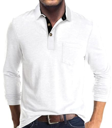 Rodawu Mens Long Sleeve Polo Shirts Golf Tops Casual Smart Polo T-Shirts Grandad T Shirt Designer