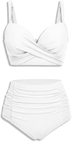 Yonique Damen-Bikini-Set mit Bügel, hohe Taille, Bauchkontrolle, Badeanzug, 2-teilig, Push-Up-Badeanzug, Weiss/opulenter Garten, Medium