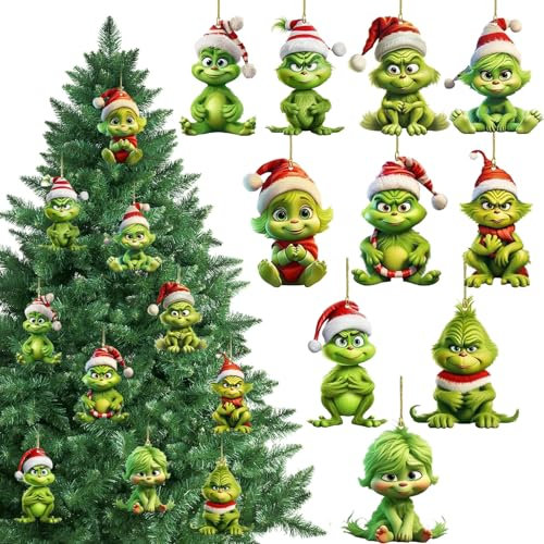 Axingqiwu 10 Stück G-rinch Weihnachtsbaum Deko, 2D Acryl Anhänger mit Elastischer Kordel, Lustige G-rinch Figuren für Weihnachtsbaum, 2024 Weihnachten Festliche Party Dekorationen