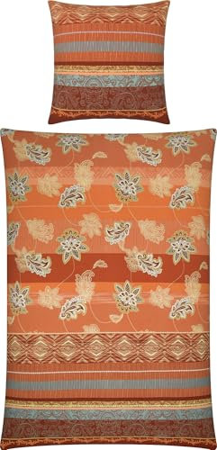 Erwin Müller Flanell Bettwäsche, Bettgarnitur mit orientalischen Blumen-Ornamenten Terra Größe 80x80 cm / 135x200 cm - klimaausgleichend, mit Reißverschluss, 100% Baumwolle (weitere Größen)