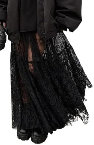 ORANDESIGNE Gonne Lunga in Pizzo da Donna Midi Gonne a Vita Alta Trasparente a Balze Ruota con Orlo Increspato Gonne Lunghe Fluide in Pizzo Gonna con Spacco Vedere Attraverso