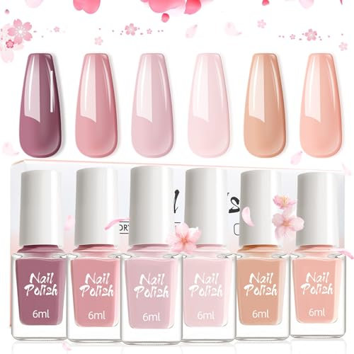 DMQ Nude Pink Nail Polish Sets, 6 Colors Quick Dry Nail Varnish Kit, All Season Pastel Milky French Nail Gel for Women Girls Nail Art DIY Manicure Home - No Need Cure