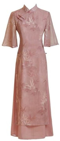 SXTYYH Vietnamese Traditional Ao Dai for Women Pink Summer Chinese Style Slim Qipao Hanfu Dress Fashion Print Cheongsam Dress