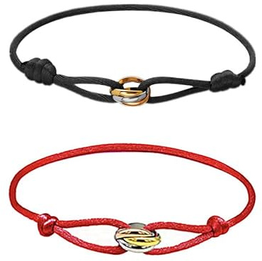 Azlanway Segeltau Damen Armband Tricolor, 2 Stück Paar-Armband, Kordelarmband mit Edelstahl Ring in Silber, Gold & Roségold, Freundschaftsarmbänder, Einstellbares Handgelenk Armbänder, Schwarz
