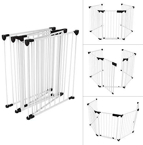 Homewell Kaminschutzgitter mit Tür Metall 300 cm, Freistehend, Konfigurationsgitter inkl. 5 Elementen, Absperrgitter Ofenschutzgitter faltbar, Schwarz/Weiß (Weiß, 310 * 2.5 * 75 cm)