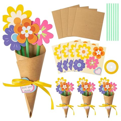 Kouamor 24-teiliges Muttertags-Blumen-Bastelset für Kinder, Blumenstrauß-Papier-Bastelset, Kartenherstellungs-Sets für Kinder, DIY-Blumenstrauß-Grußkarten, für Geschenk-Schule Klassenzimmer Zuhause