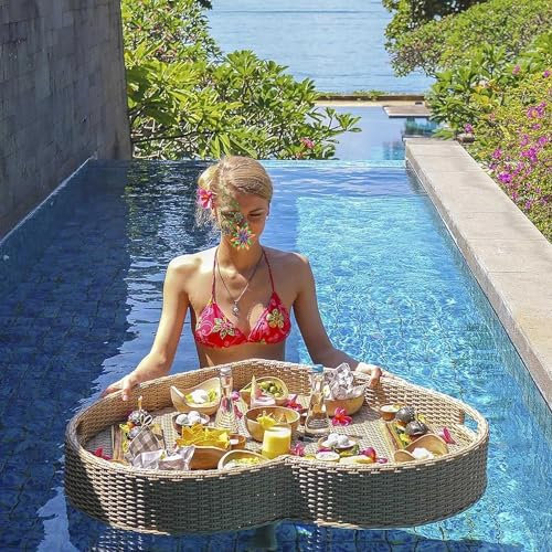 NSTVVEE Plateau Flottant pour Piscine, Plateau Flottant pour Petit-déjeuner - Plateau Flottant en Osier pour Piscine d'hôtel de Luxe ou de Villa Tropicale, Grand Format en Forme de cœur (8
