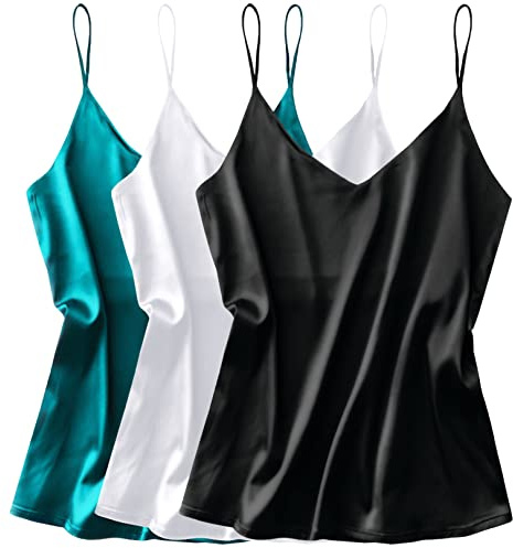 Ekouaer Satin Tops for Women UK Camisole Top V Neck Vest Casual Cami Sleeveless Blouses Summer Basic Tank Shirt L