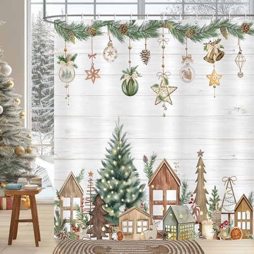 Bonhause Christmas Tree Shower Curtain, Xmas Pine Tree Farmhouse House Wooden Bathroom Curtain 180 x 180 cm Waterproof Mildew and Mould Resistant Polyester Fabric Bath Curtain with 12 Hooks