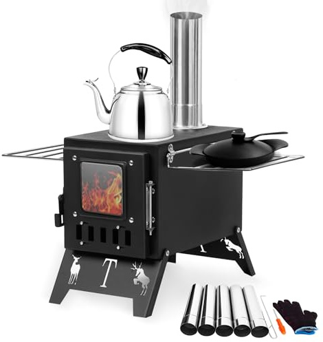 Portable Hot Tent Wood Burning Stove with Visible Window – Folding Camping Log Burner/Rocket Stove for Outdoor Cooking, Heating, Hiking, BBQ, Tent Stove with Adjustable Air Vent