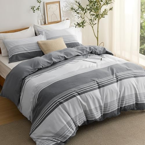 Bedsure Funda Nordica Cama 150 - Rayas Grises, Funda de Edredón 240x220 | Juego de Cama con 2 Almohada 50x75 cm, Oeko-Tex de Poliéster Reversible, Nórdica con Cremallera