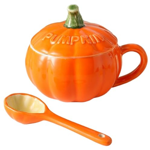 Taza de calabaza con tapa y cuchara, bonita taza de cerámica otoñal, de café con calabaza naranja de dibujos animados para otoño, Acción de Gracias, Navidad y Halloween.