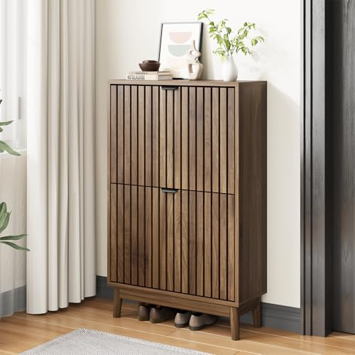 Kiasthome 2-flügiger Schuhschrank mit Klappschubladen, Holz-Schuhorganizer mit belüfteten Lamellentüren für Eingangsbereich, Flur, Wohnzimmer (Walnuss, 60B)