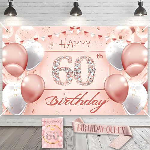 Striscione Buon Compleanno 60° Compleanno Decorazioni Set per Donna con Fascia, Biglietti di Auguri, Gadget per Festa 60 Anni, Birthday Party Decor Kit
