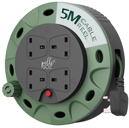 Pelle & Sol 5m Extension Lead Cable Reel with 4 Sockets - Heavy Duty 3120W Power Extension Cable with Overheat Protection for Home, Garden, DIY & Workshop Use