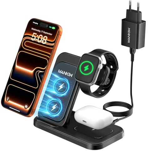 MANKIW Caricatore Wireless 3 in 1 per Apple, Stazione Ricarica per iPhone Air/17/16/15/14/13/12/11 Serie, Compatibile con Watch Ultra/11-2 e AirPods Pro 3/2/4