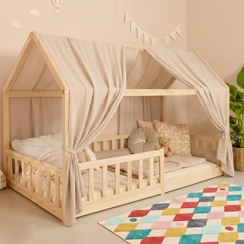 Mooskind Hausbett Himmel – Aus weichem Musselin in 9 Farben – 100% Bio-Baumwolle – Traumhafte Hausbett Deko & Himmelbett Vorhänge – Made in Europe mit Liebe