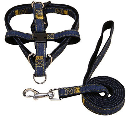 Hundegeschirr und Leine Set Einstellbare & Dauerhaft & Stabil Brustgeschirr Denim & Nylon Hundeleine für Kleine, Mittlere und Große Hunde Perfekt für Walking Laufen Training Black2-Stück L