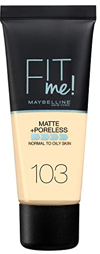Maybelline Fit Me Foundation, Matte and Poreless, Full Coverage Blendable Normal to Oily Skin, 103 Pure Ivory, 30 ml (Pack of 1)