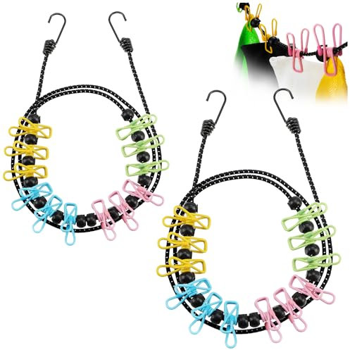 COM-FOUR® Stendibiancheria da viaggio 2X - 180-350 cm per filo - stendibiancheria da campeggio con elastico riflettente - stendibiancheria con 12 clip metalliche ciascuno (colorato/nero)