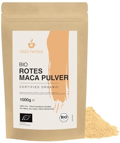 IDDA Herbal Maca Pulver rot BIO aus Peru 1kg, rote Macawurzel gemahlen | bio Maca Pulver, ideal für Smoothies, Shakes, Müsli, Porridge, Joghurt, Kuchen, Muffins, Pancakes & Energiebällchen