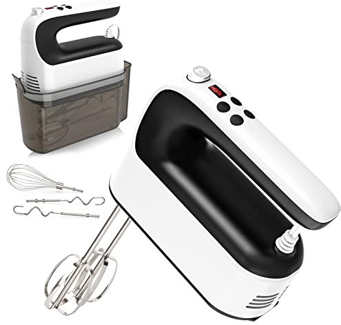 Yomelo Batteur à main numérique électrique à 9 vitesses, moteur CC puissant de 400 W, mélangeur de cuisson portatif avec étui de rangement à clipser, 5 accessoires en acier inoxydable, batteurs plats,