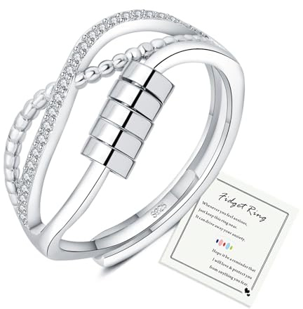 HEEYA Silverringar för kvinnor, 925 sterling silverpläterad spinner fidgetring med kubisk zirkonia, justerbar tumring för kvinnor med smyckeskrin, Justerbar, Silver, Kubisk zirkonia