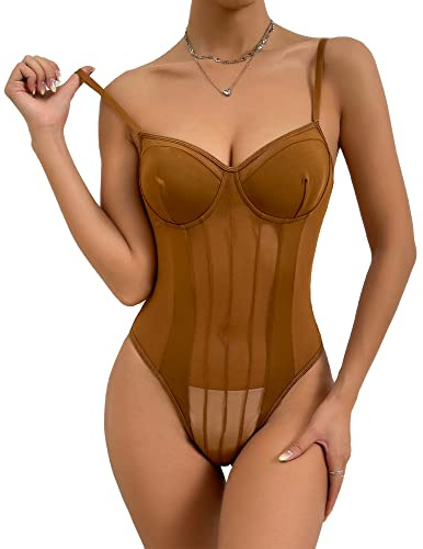 Body da Donna Sexy Spaghetti Cinturino Mesh Bodysuit Collo Quadrato Patchwork a Rete Trasparente Jumpsuits Elasticizzato Senza Maniche Going Out Leotard Top