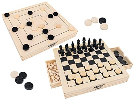 3 Giochi da tavola Classici in Legno - Dama, Scacchi, Filetto - Family Games - Globo Giocattoli - 41160