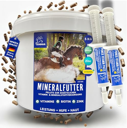 EMMA Mineralfoder häst 5 kg + 2 × 30 ml vitaminpasta | Biotin zink selen magnesium | pälsbyte och hästvård | mineralpellets hög dosering | hästfoder för hov, päls, muskel, immunförsvar
