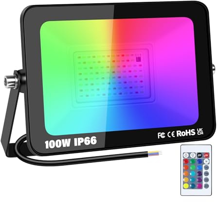 RIGIDON 1x 100W RGB faretto led esterno con telecomando, 10000LM proiettori faretti, dimmerabile stroboscopiche cambio colore lampada floodlight, IP66 impermeabile fari led per giardino palco partito
