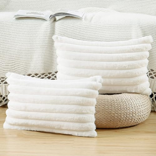 Madizz Set of 2 Faux Fur Plush Decorative Throw Pillow Covers 12x20 inch, 30x50 cm, Cream Fluffy Striped Soft Decorative Cushion Cover for Sofa Bedroom Pillow Shell