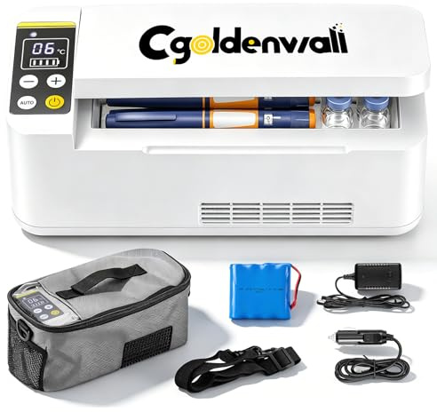 CGOLDENWALL Nevera Insulina Portátil 6H, 2‑20℃ Ajustable, Blanco, 1 Batería | Modo Auto 5℃ y Bloqueo de Pantalla, Alarma de Alta Temperatura, Nevera Medicamentos Viaje para Hogar, Coche y Exterior