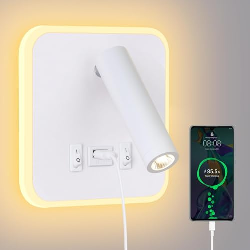ERWEY Leselampe Wandmontage Bett,LED Wandleuchte mit Schalter und USB-Ladeanschluss,3W 4000K+5W 3000K Bettlampe Wandlampe Leselicht Schwenkbar für Schlafzimmer,Weiß, Quadratisch 145mm, G01Y04212