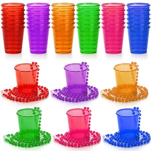 Cididu 36 Pack Shot Glass on Beaded Necklaces, Disposable Plastic Shot Cups Bachelorette, Bulk Adult Mini Shot Glasses for Drinking Party, Birthday, Wedding, Mardi Gras, St. Patrick's Day, 2 Oz