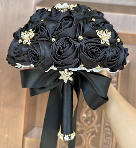 Sharebeauty 7.1 Handmade Satin Rose Bridal Bouquet Toss Round Wedding Bouquet Throw Toss Artificial Flower Bunch Black