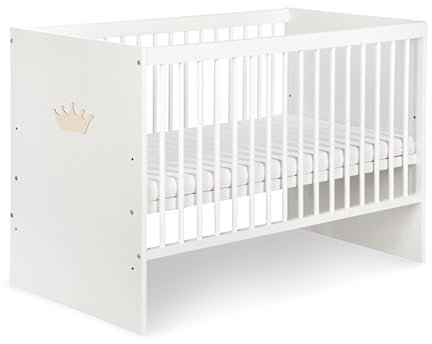 KMbaby Babybett 120 x 60 cm mit Matratze Weiß mit naturfarbener Krone Baby Kinderbett Gitterbett mit Lattenrost 3 Stufen Höhenverstellbar - Lackiertes Kiefernholz TANY-KOR