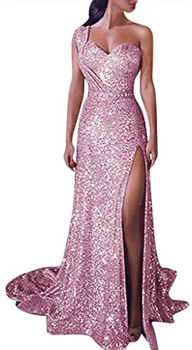 BOTCAM En axel klänning, damer, paljettklänning, långa klänningar, hög delad aftonklänning, kvinnor, axellös, hög midja, bodycon glitterklänning, festklänning, nyårsklänning för kvinnor, balklänning