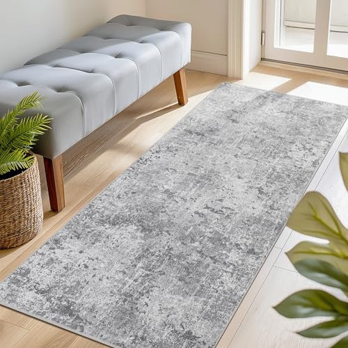 BEIMO Läufer Teppich 80x150 cm, Waschbarer Kurzflor Teppich für Flur, rutschfeste Matte, Weich und Strapazierfähig, Moderner Abstrakter Stil, Ideal für Eingangsbereich, Korridor, Küche, Hellgrau