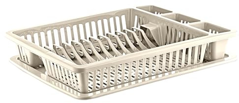 Best House Dish Drainer Rack Large Plastic Dish Drainer Plate Cutlery Cup Holder with Drip Tray, Cutlery Rack Kitchen Sink Utensil, Food-Grade BPA-Free - Kitchen Organizer (Beige, Pack of 1)