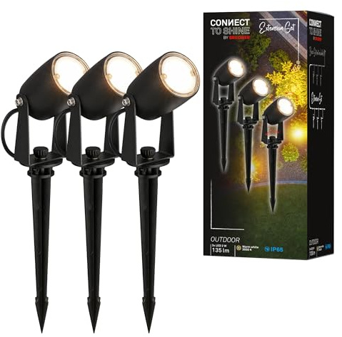 BRILONER - Connect to Shine 12V Gartensystem 3er Set LED Strahler mit Erdspieß, Erweiterungsset, IP65, warmweißes Licht, Gartenbeleuchtung, LED Gartenstrahler, 25x4 cm, Schwarz