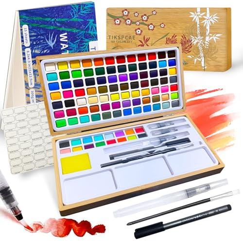 TIKSPCAE Ensemble de peinture aquarelle 100 couleurs dans une boîte en bambou naturel, kit d'aquarelle portable avec papiers et stylos pinceaux, idéal pour les enfants, les adultes, les débutants et