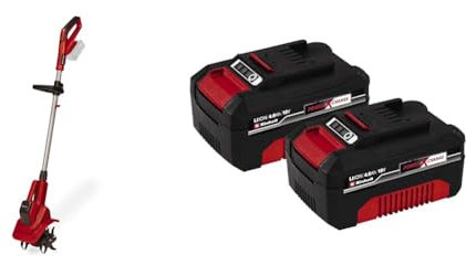 Einhell Motozappa a batteria, 18 V, agli ioni di Li, regolazione della velocità & Originale PXC Twin Pack 4,0 Ah Batterie, 18 V, Per tutti i dispositivi Power X-Change