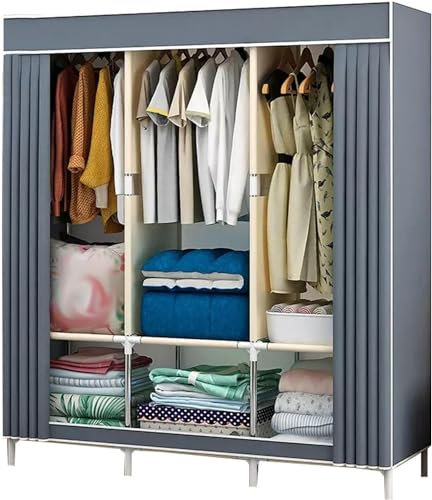 LAMEDOAT Tragbarer Kleiderschrank Tragbarer Canvas-Kleiderschrank, Stoffgarderobe mit Kleiderstange, Stoffbezug, Kleiderschrank-Aufbewahrungsorganizer für Schlafzimmer,Grau-126x45*163CM Kleiderstände